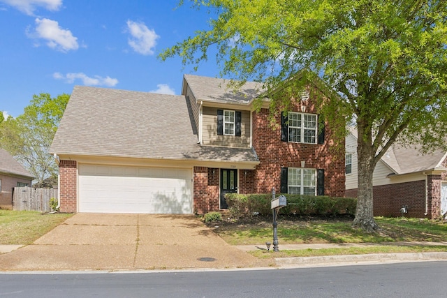 view of front of property featuring fence, a shingled roof, an attached garage, driveway, and brick siding