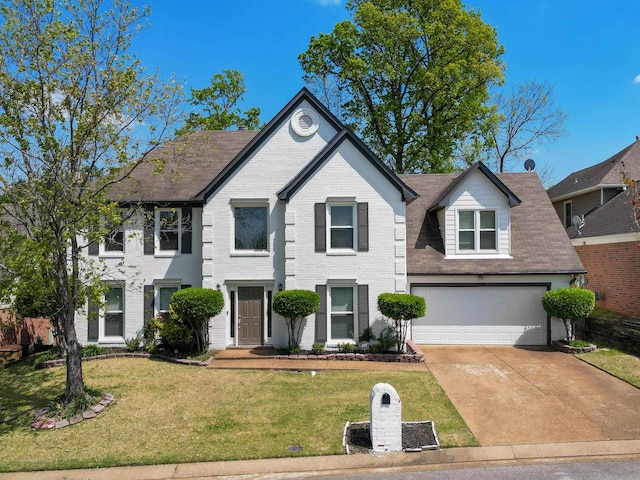 colonial-style house featuring brick siding, driveway, and a front lawn