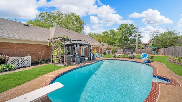 view of swimming pool featuring a gazebo, a pergola, a lawn, a fenced backyard, and a diving board
