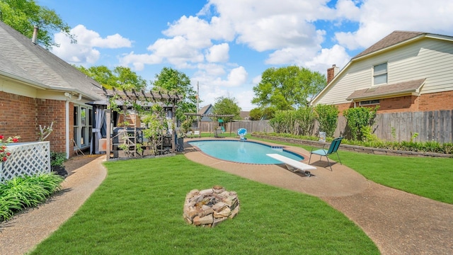 view of pool with a pergola, a fenced backyard, a fenced in pool, and a yard
