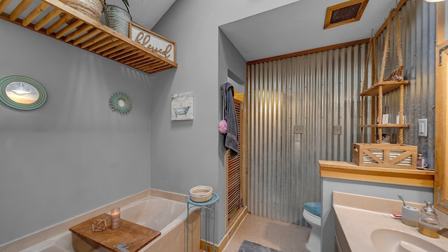 full bath featuring visible vents, toilet, a garden tub, and vanity