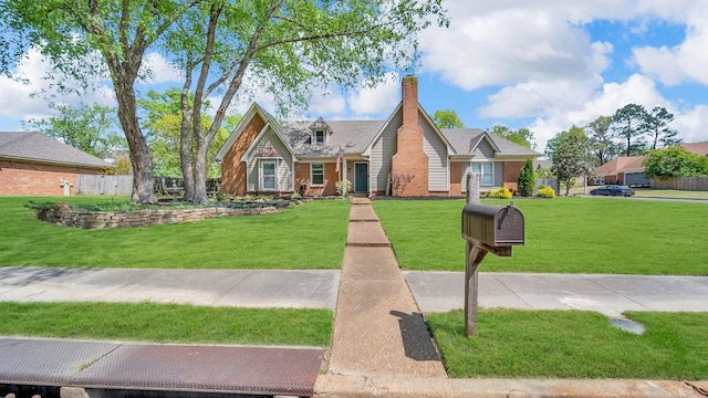 view of front of house with a chimney, a front lawn, and fence