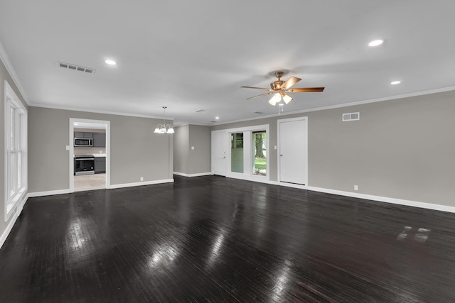 5188 Gwynne Rd, Memphis, TN 38117 - unfurnished living room featuring ceiling fan with notable chandelier, baseboards, wood finished floors, and visible vents