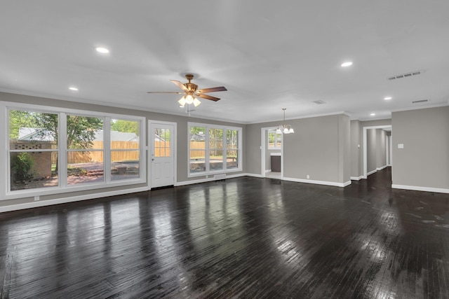 5188 Gwynne Rd, Memphis, TN 38117 - unfurnished living room with recessed lighting, visible vents, ornamental molding, baseboards, and ceiling fan with notable chandelier