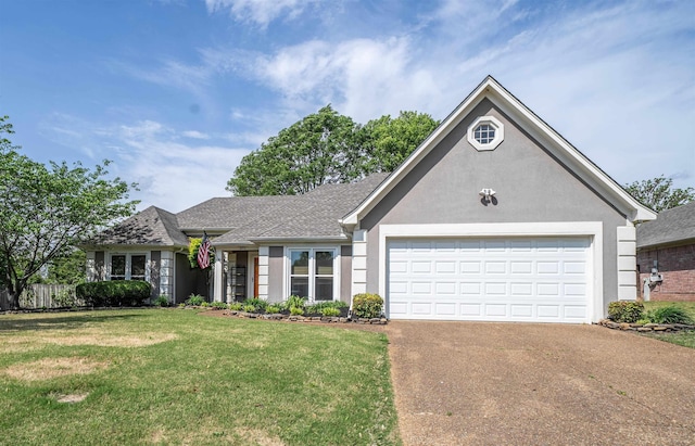 ranch-style home featuring concrete driveway, a front yard, a garage, stucco siding, and roof with shingles