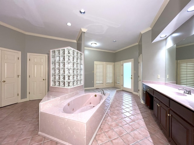 full bathroom featuring a jetted tub, tile patterned floors, ornamental molding, and recessed lighting