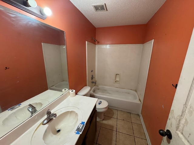 full bath featuring a textured ceiling, toilet, visible vents, tile patterned flooring, and vanity