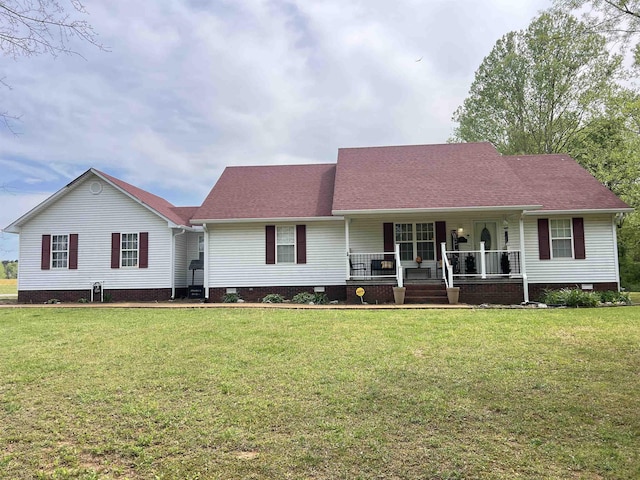 ranch-style home featuring a porch, crawl space, a front lawn, and roof with shingles