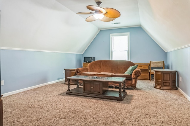 10290 W Shrewsbury Run, Collierville, TN 38017 - sitting room with lofted ceiling, carpet, visible vents, a ceiling fan, and baseboards