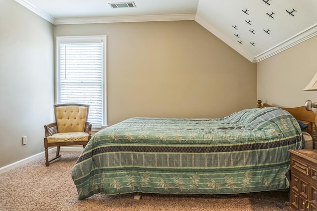 10290 W Shrewsbury Run, Collierville, TN 38017 - bedroom with carpet flooring, vaulted ceiling, baseboards, visible vents, and crown molding