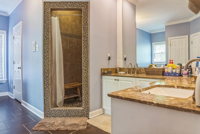 10290 W Shrewsbury Run, Collierville, TN 38017 - bathroom with a sink, a stall shower, double vanity, baseboards, and ornamental molding