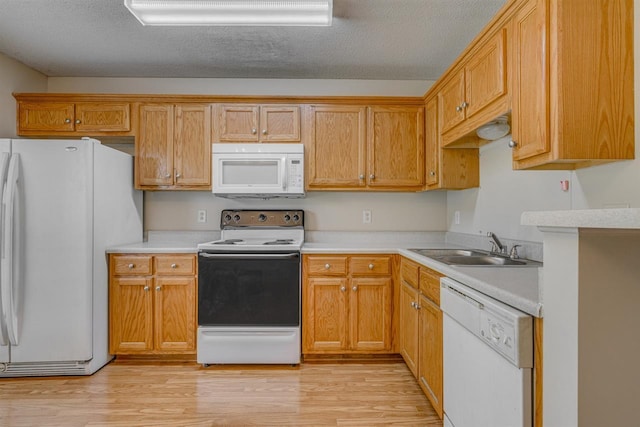kitchen with a sink, a textured ceiling, white appliances, and light countertops