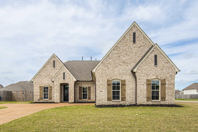 french country home featuring fence, a front yard, roof with shingles, and brick siding