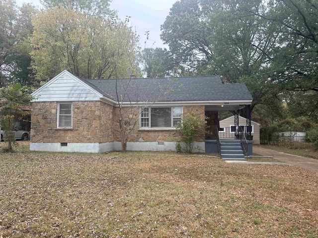 ranch-style home featuring a porch, crawl space, and stone siding