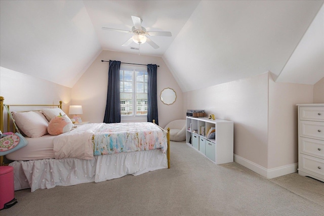 2363 Autumn Ave, Memphis, TN 38112 - bedroom with lofted ceiling, visible vents, a ceiling fan, baseboards, and light colored carpet