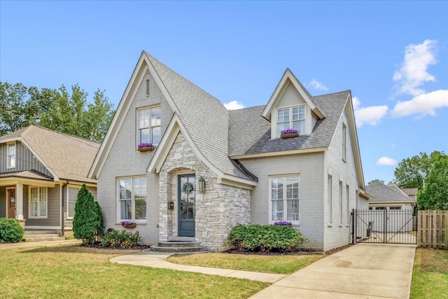 2363 Autumn Ave, Memphis, TN 38112 - tudor house featuring a gate, a shingled roof, fence, a front yard, and brick siding