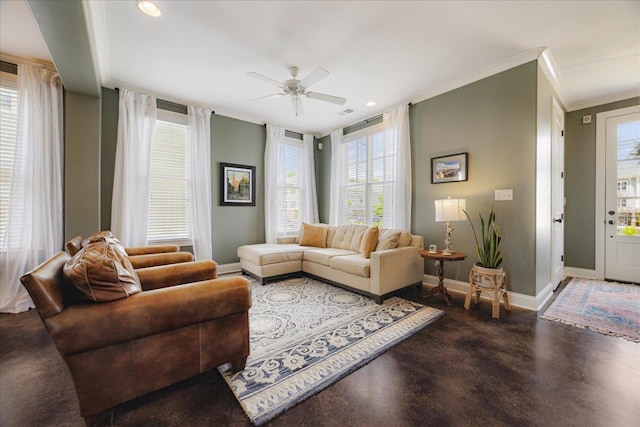 2363 Autumn Ave, Memphis, TN 38112 - living area with baseboards, recessed lighting, finished concrete flooring, ceiling fan, and crown molding