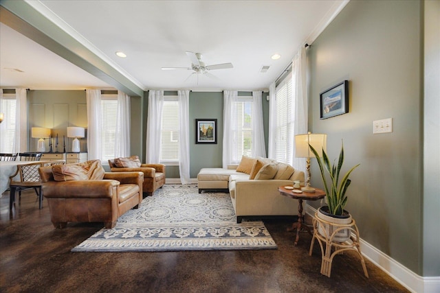 2363 Autumn Ave, Memphis, TN 38112 - living area with ornamental molding, baseboards, ceiling fan, and visible vents