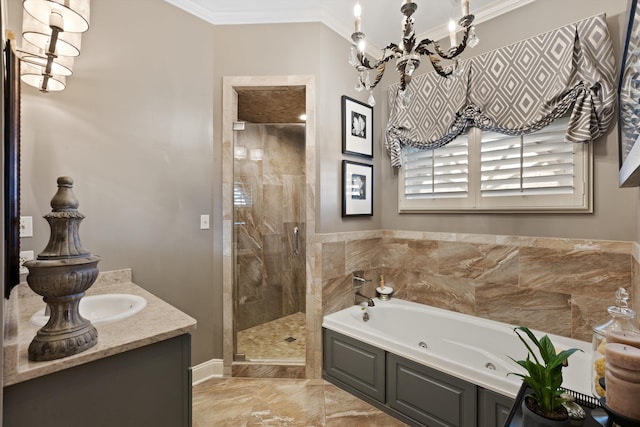 6465 Wynfrey Pl, Memphis, TN 38120 - full bathroom featuring a shower stall, crown molding, a chandelier, marble finish floor, and a whirlpool tub