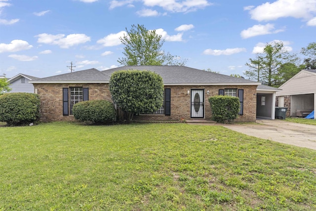 ranch-style home featuring concrete driveway, a front lawn, brick siding, and a shingled roof