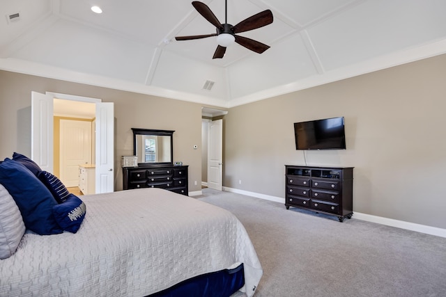 250 Ridgewood Dr, Piperton, TN 38017 - carpeted bedroom featuring visible vents, vaulted ceiling, baseboards, and ceiling fan
