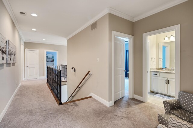 250 Ridgewood Dr, Piperton, TN 38017 - corridor with light carpet, visible vents, an upstairs landing, and crown molding