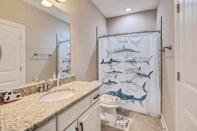 250 Ridgewood Dr, Piperton, TN 38017 - bathroom featuring curtained shower, tile patterned flooring, toilet, and vanity