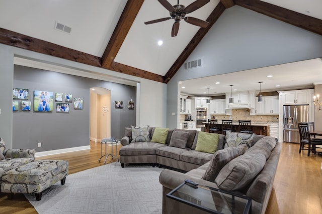 250 Ridgewood Dr, Piperton, TN 38017 - living area featuring light wood-type flooring, visible vents, high vaulted ceiling, and ceiling fan