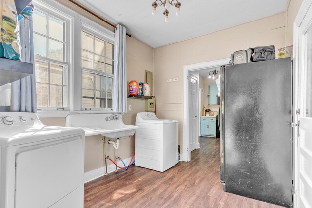 clothes washing area featuring baseboards, wood finished floors, independent washer and dryer, and laundry area