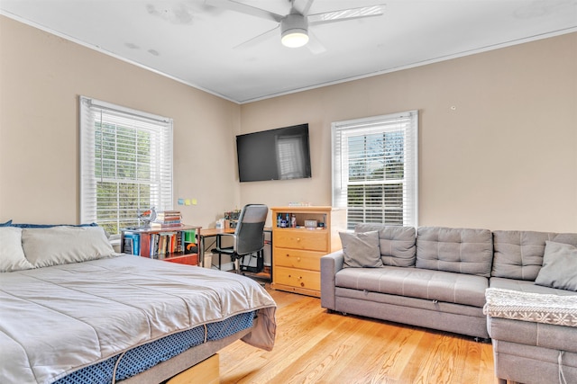 bedroom with multiple windows, wood finished floors, a ceiling fan, and ornamental molding