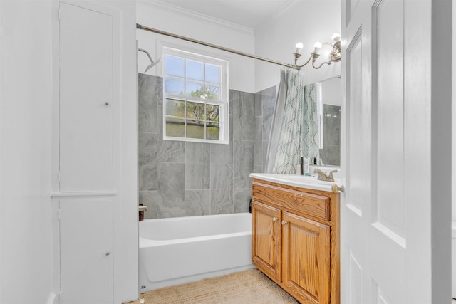 full bathroom with vanity, crown molding, and shower / bath combo