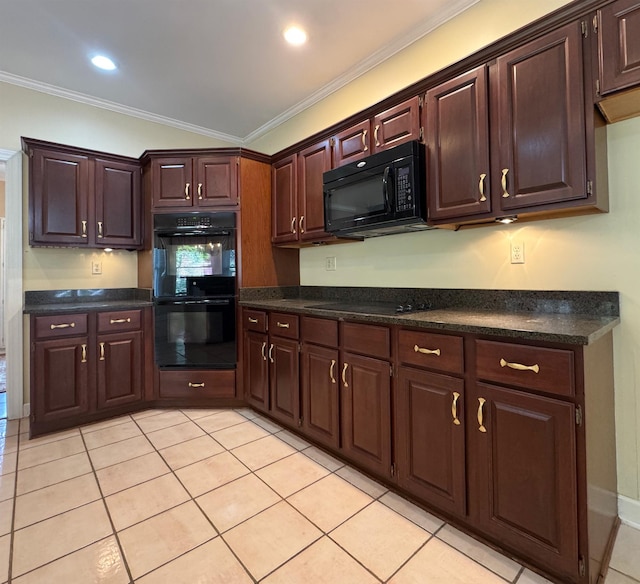 kitchen featuring dark countertops, light tile patterned floors, ornamental molding, and black appliances