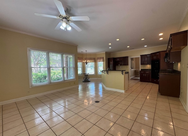 interior space with recessed lighting, crown molding, baseboards, and light tile patterned floors