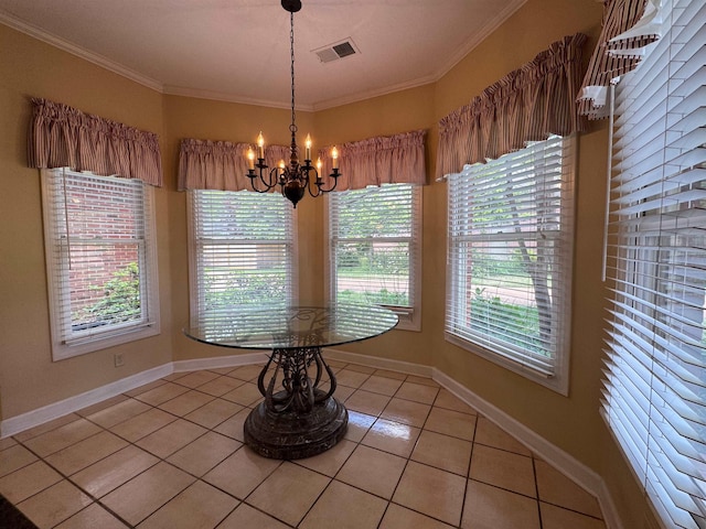 unfurnished dining area with visible vents, a wealth of natural light, a notable chandelier, and light tile patterned floors