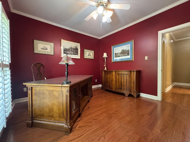 office space featuring wood finished floors, a ceiling fan, and baseboards