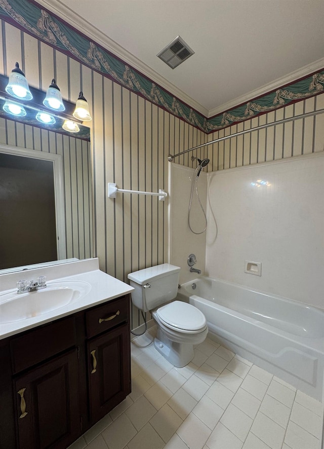 full bathroom with tile patterned floors, visible vents, shower / bath combination, vanity, and toilet