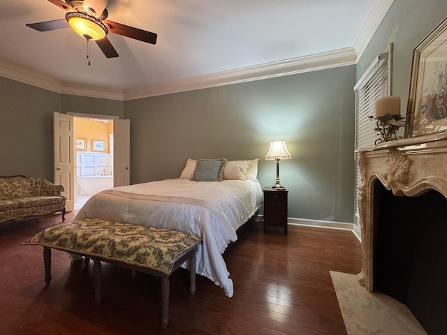 bedroom with ceiling fan, wood finished floors, baseboards, and ornamental molding