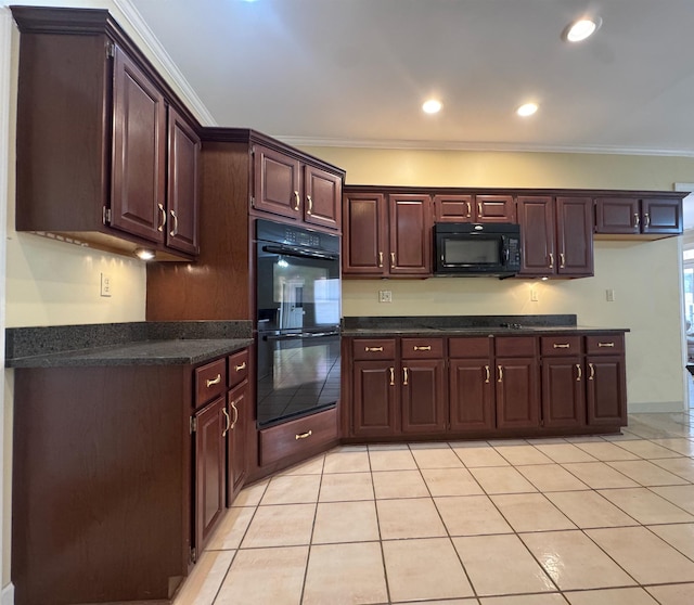 kitchen with recessed lighting, crown molding, light tile patterned floors, and black appliances