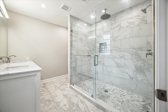 5676 Walnut Grove Pl, Memphis, TN 38120 - bathroom featuring a sink, visible vents, recessed lighting, marble finish floor, and a shower stall