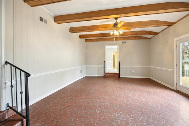 5676 Walnut Grove Pl, Memphis, TN 38120 - empty room featuring baseboards, visible vents, a ceiling fan, and beam ceiling