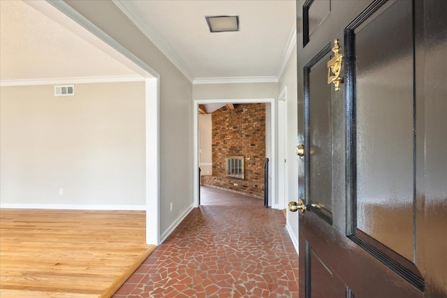 5676 Walnut Grove Pl, Memphis, TN 38120 - hall featuring baseboards, ornamental molding, dark wood-type flooring, and visible vents