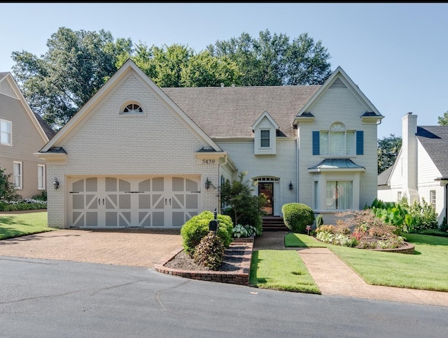 view of front facade featuring an attached garage, a front lawn, driveway, and brick siding