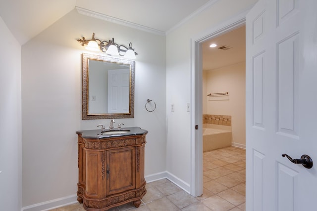 full bathroom with a garden tub, tile patterned floors, vanity, baseboards, and ornamental molding