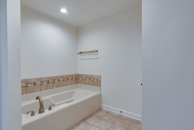 full bath with baseboards, recessed lighting, tile patterned flooring, a garden tub, and ornamental molding