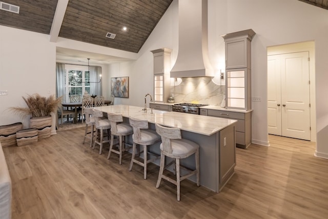 kitchen featuring custom exhaust hood, visible vents, light wood-style floors, gray cabinetry, and wooden ceiling