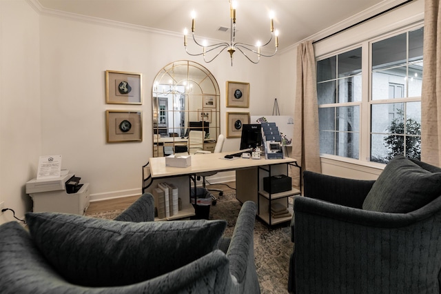 office area with baseboards, crown molding, wood finished floors, and a chandelier