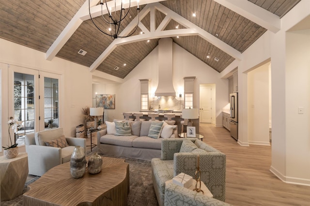 living room featuring high vaulted ceiling, beam ceiling, light wood finished floors, and wood ceiling