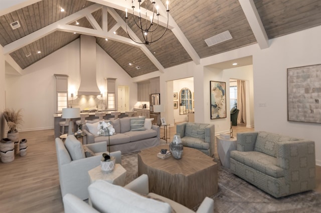 living area with high vaulted ceiling, light wood-style flooring, wood ceiling, and baseboards
