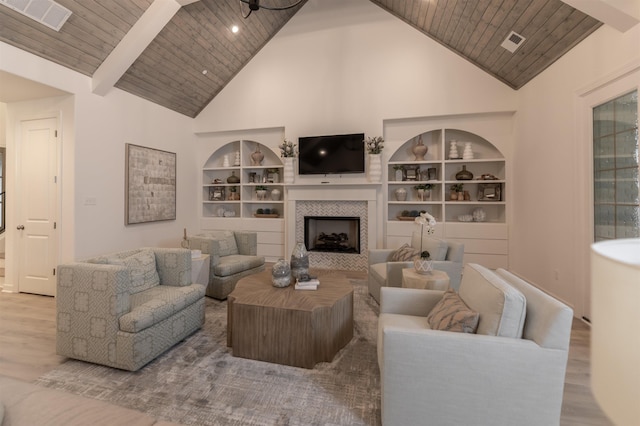 living area featuring built in shelves, wooden ceiling, wood finished floors, and visible vents