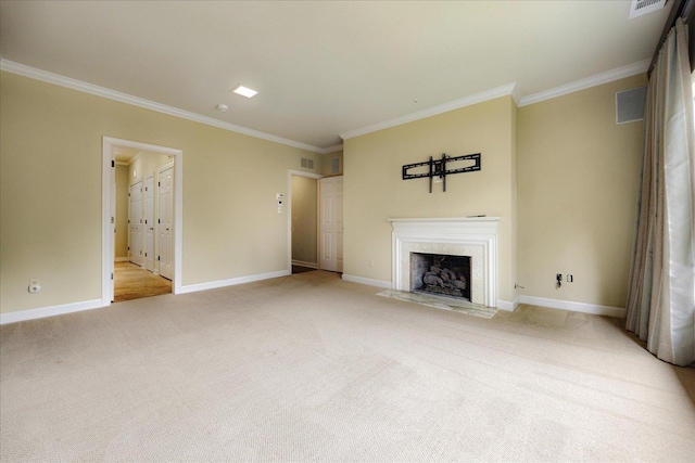 unfurnished living room featuring light colored carpet, baseboards, crown molding, and a fireplace